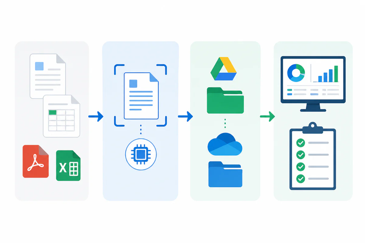 紙・PDF・ExcelからAI・クラウド経由で業務改善へつながる流れの図解